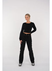 Women's High Waist Straight Leg Jeans with Rhinestone Plaid Pattern