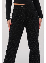 Women's High Waist Straight Leg Jeans with Rhinestone Plaid Pattern