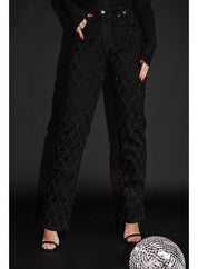 Women's High Waist Straight Leg Jeans with Rhinestone Plaid Pattern