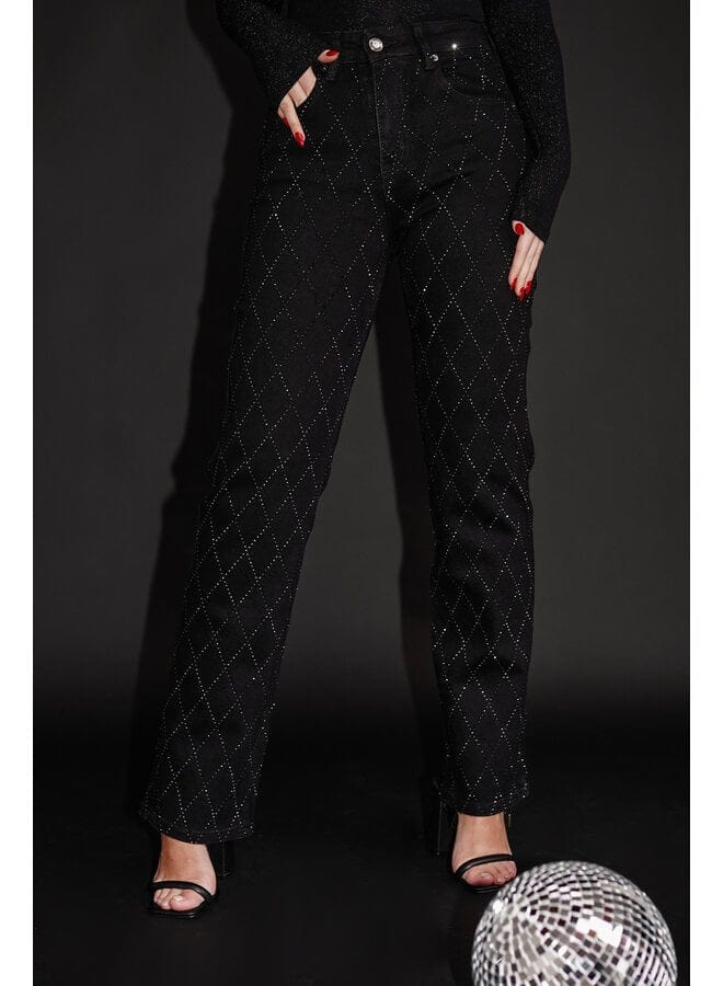 Women's High Waist Straight Leg Jeans with Rhinestone Plaid Pattern