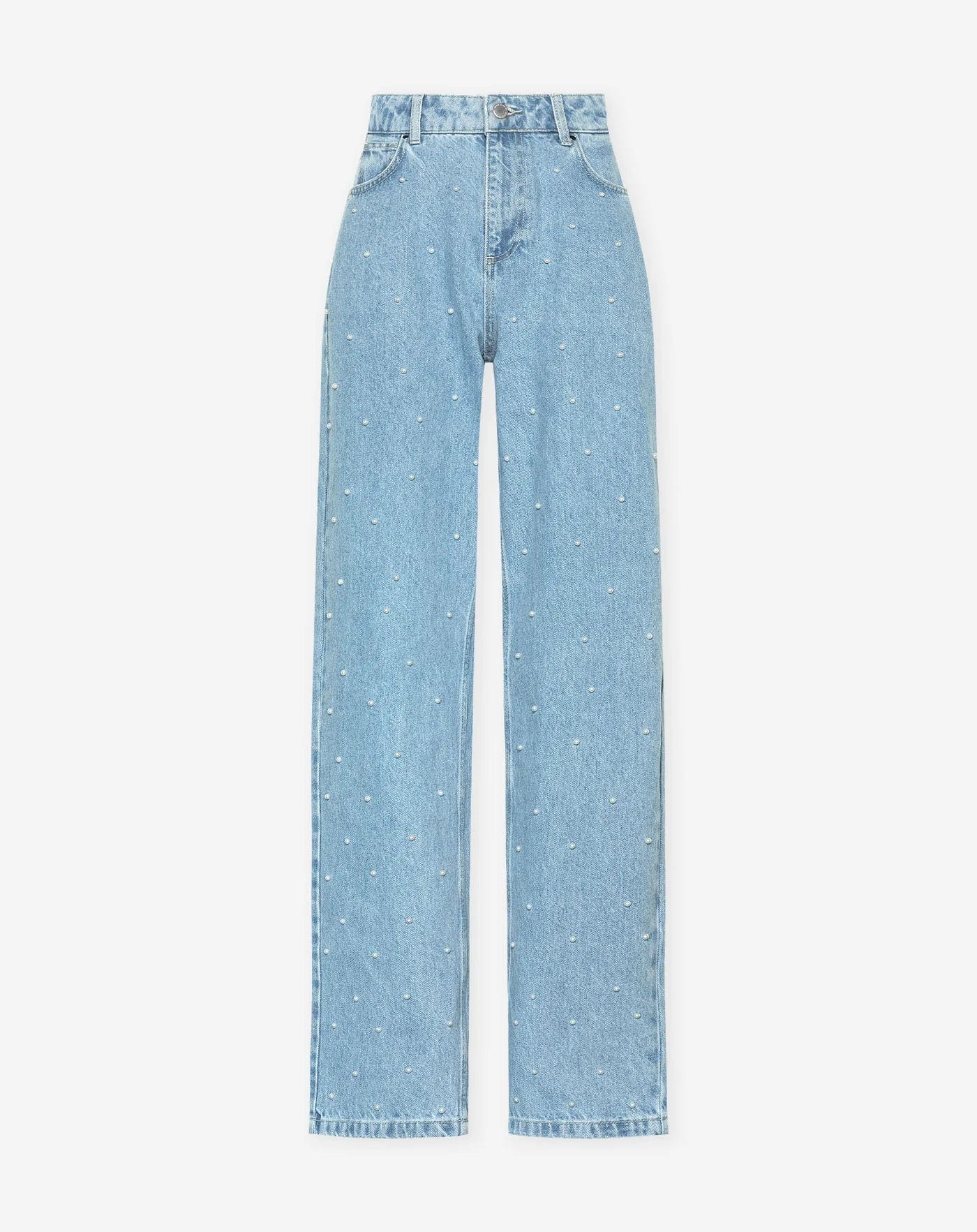 Women's High Waist Straight Jeans with Pearl Details