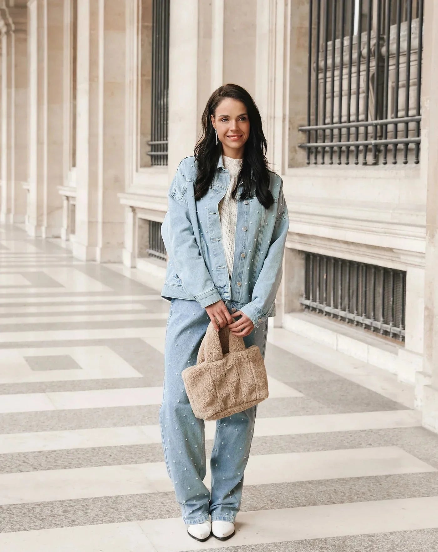 Women's High Waist Straight Jeans with Pearl Details