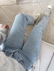 Women's High Waist Straight Jeans with Pearl Details