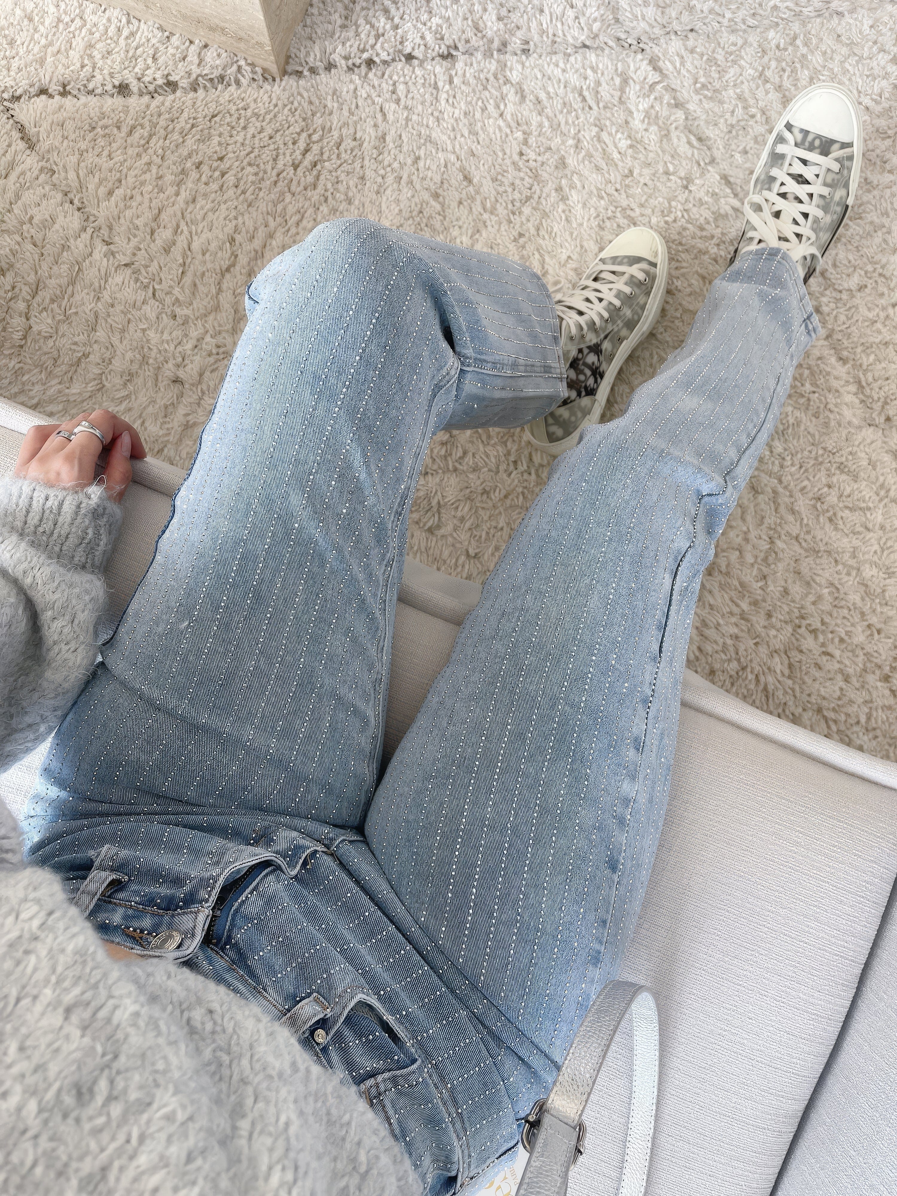 Women's High Waist Straight Jeans with Pearl Details