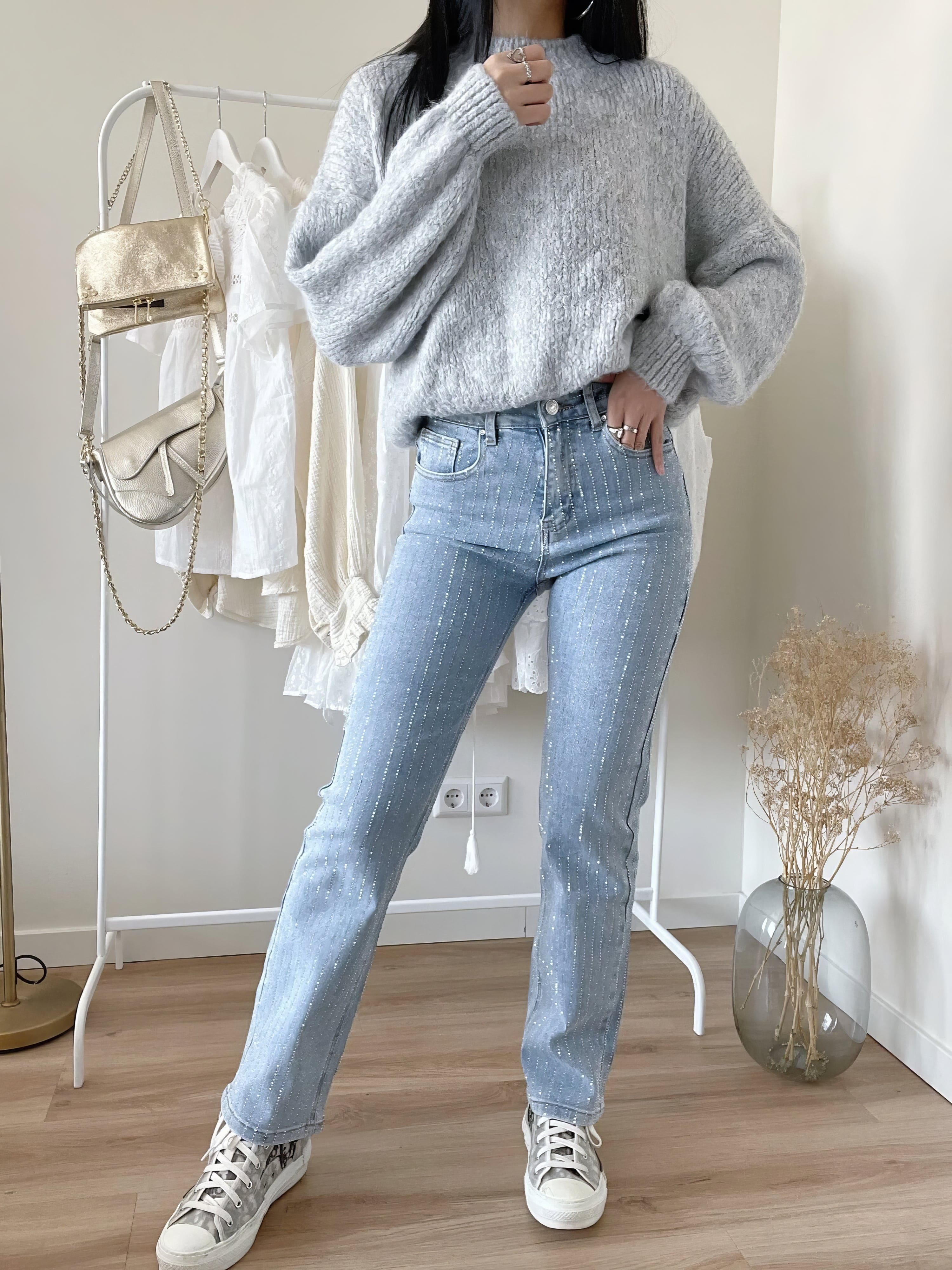 Women's High Waist Straight Jeans with Pearl Details