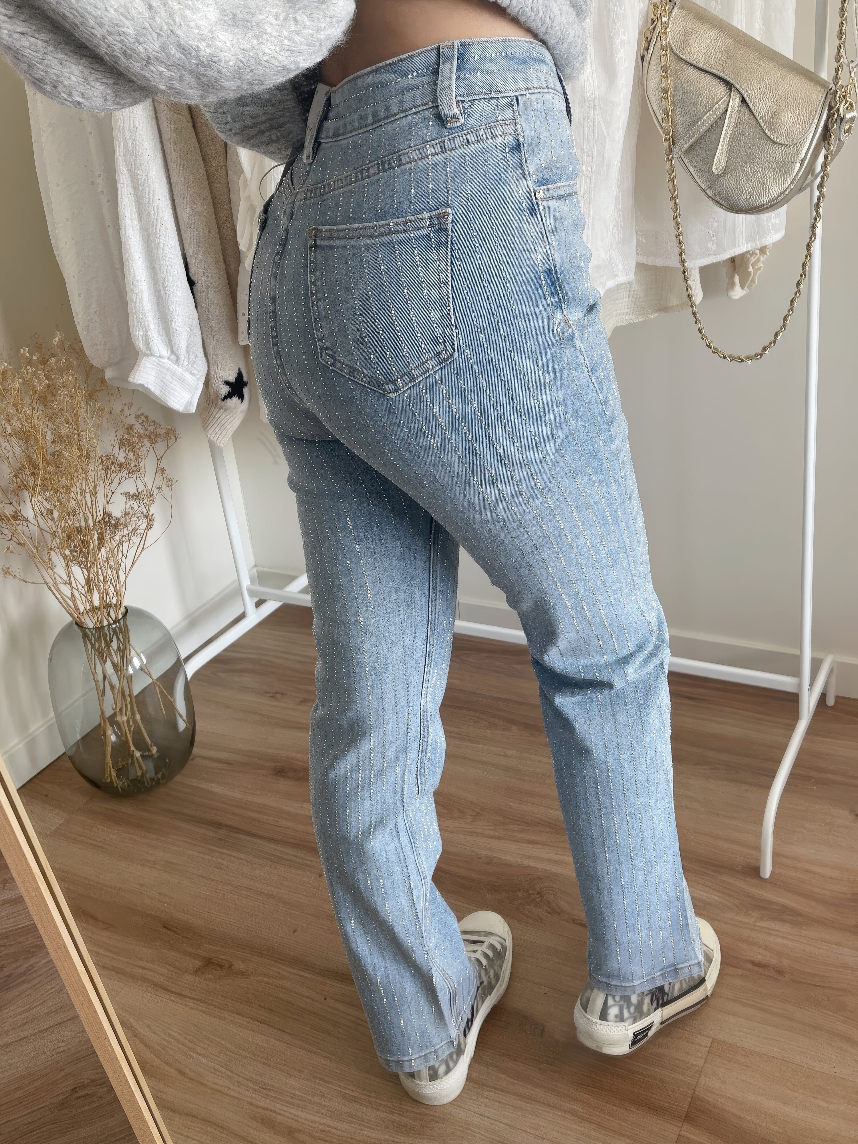 Women's High Waist Straight Jeans with Pearl Details