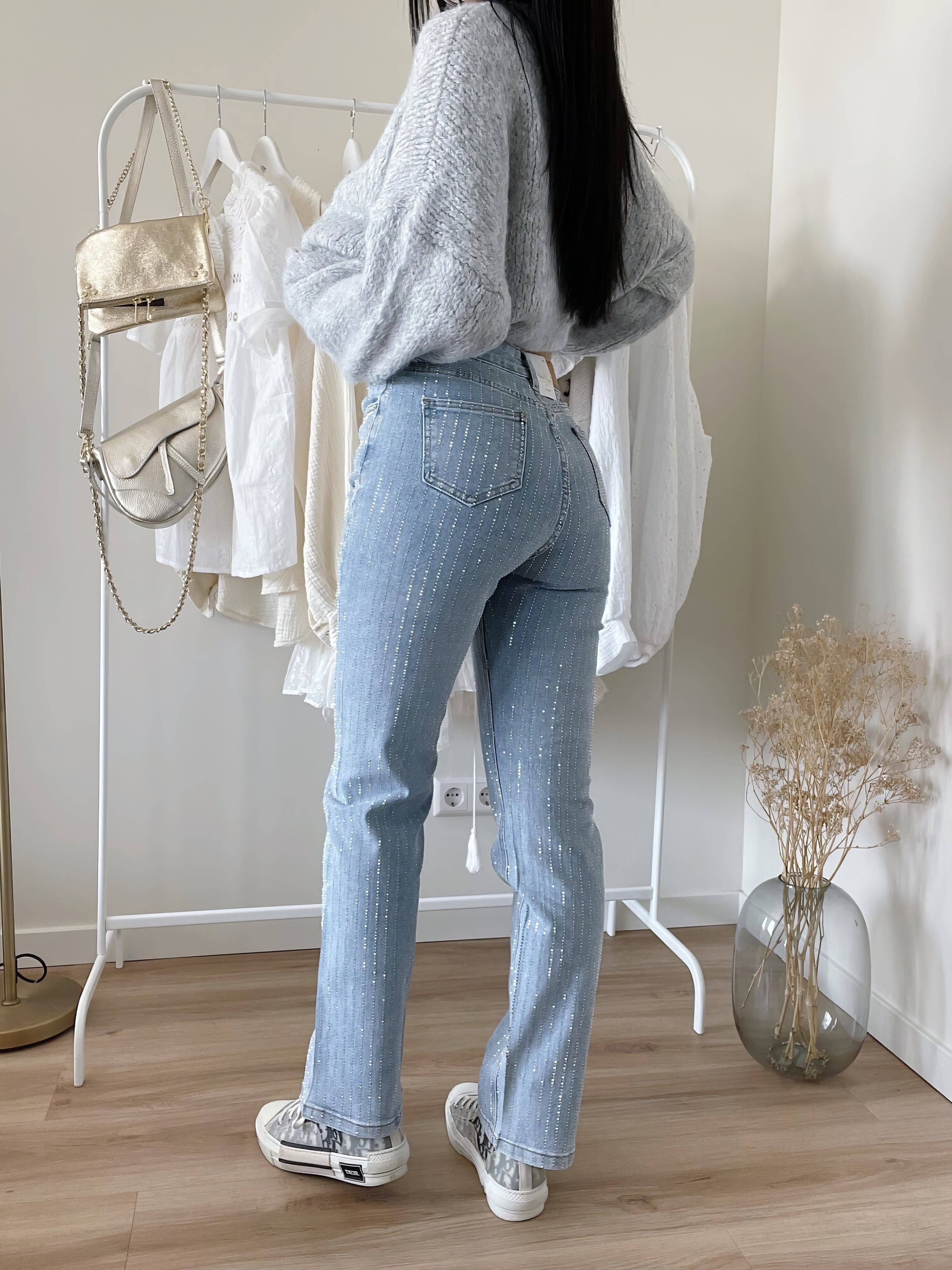 Women's High Waist Straight Jeans with Pearl Details