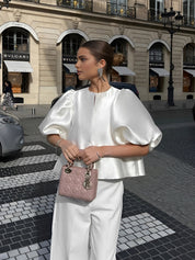Luxury Women's Satin Blouse with Puff Sleeves and Loose Fit