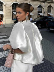 Luxury Women's Satin Blouse with Puff Sleeves and Loose Fit