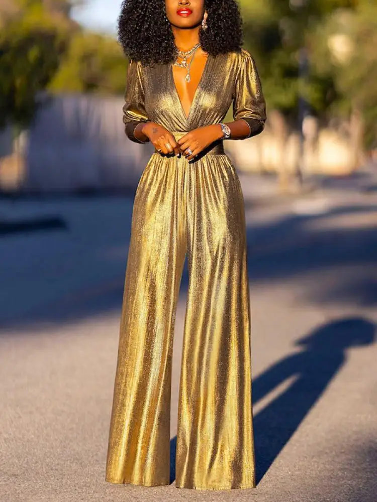 Luxury Women's Shiny Jumpsuit with Wide Legs and V Neck