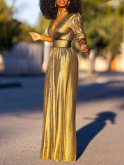 Luxury Women's Shiny Jumpsuit with Wide Legs and V Neck