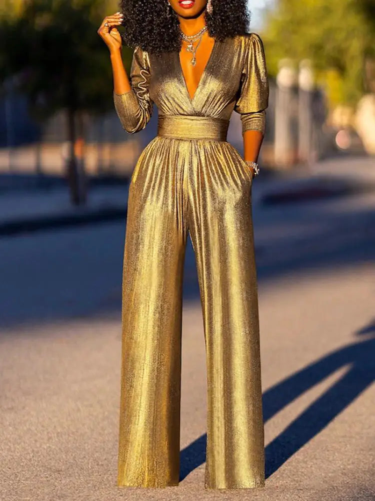 Luxury Women's Shiny Jumpsuit with Wide Legs and V Neck