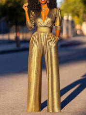 Luxury Women's Shiny Jumpsuit with Wide Legs and V Neck