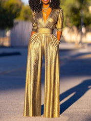 Luxury Women's Shiny Jumpsuit with Wide Legs and V Neck