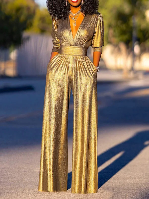 Luxury Women's Shiny Jumpsuit with Wide Legs and V Neck