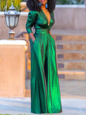 Luxury Women's Shiny Jumpsuit with Wide Legs and V Neck