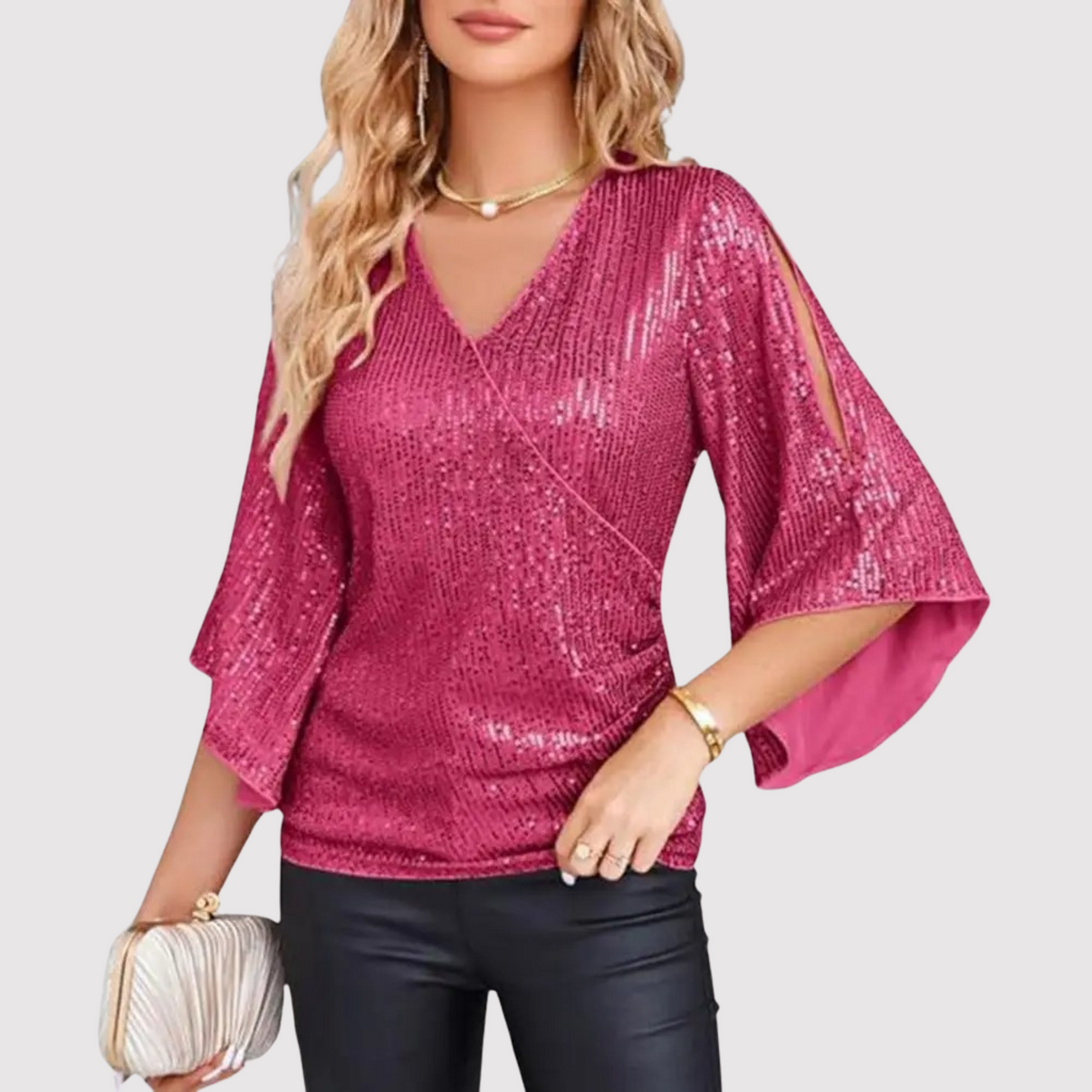Festive Glitter Sequin Women's Blouse with V-Neck
