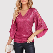 Festive Glitter Sequin Women's Blouse with V-Neck