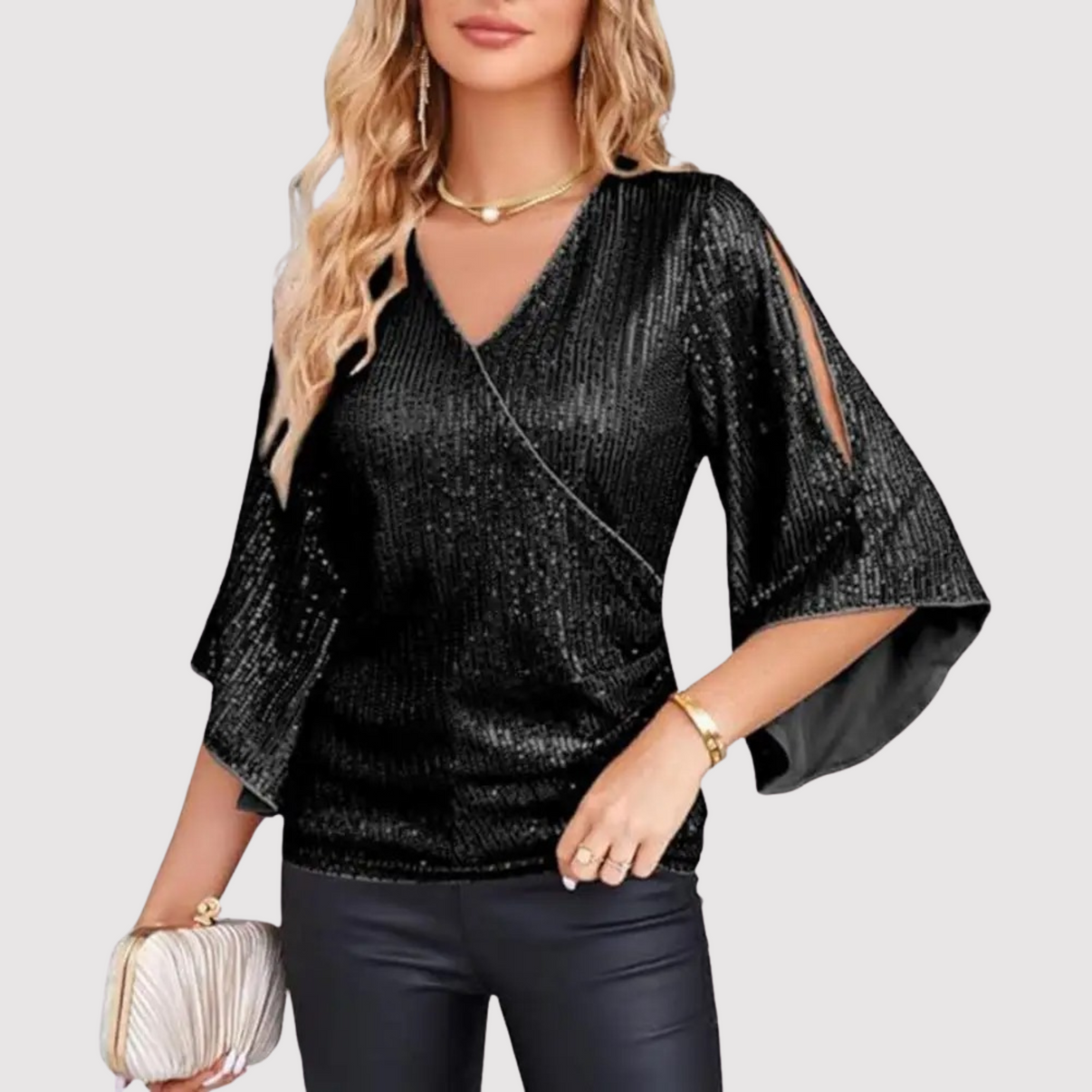Festive Glitter Sequin Women's Blouse with V-Neck
