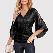 Festive Glitter Sequin Women's Blouse with V-Neck