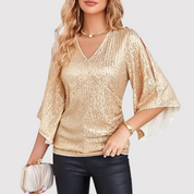 Festive Glitter Sequin Women's Blouse with V-Neck