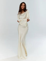 Luxury Women's Satin Maxi Gala Dress with Long Sleeves and V Neck
