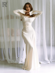 Luxury Women's Satin Maxi Gala Dress with Long Sleeves and V Neck
