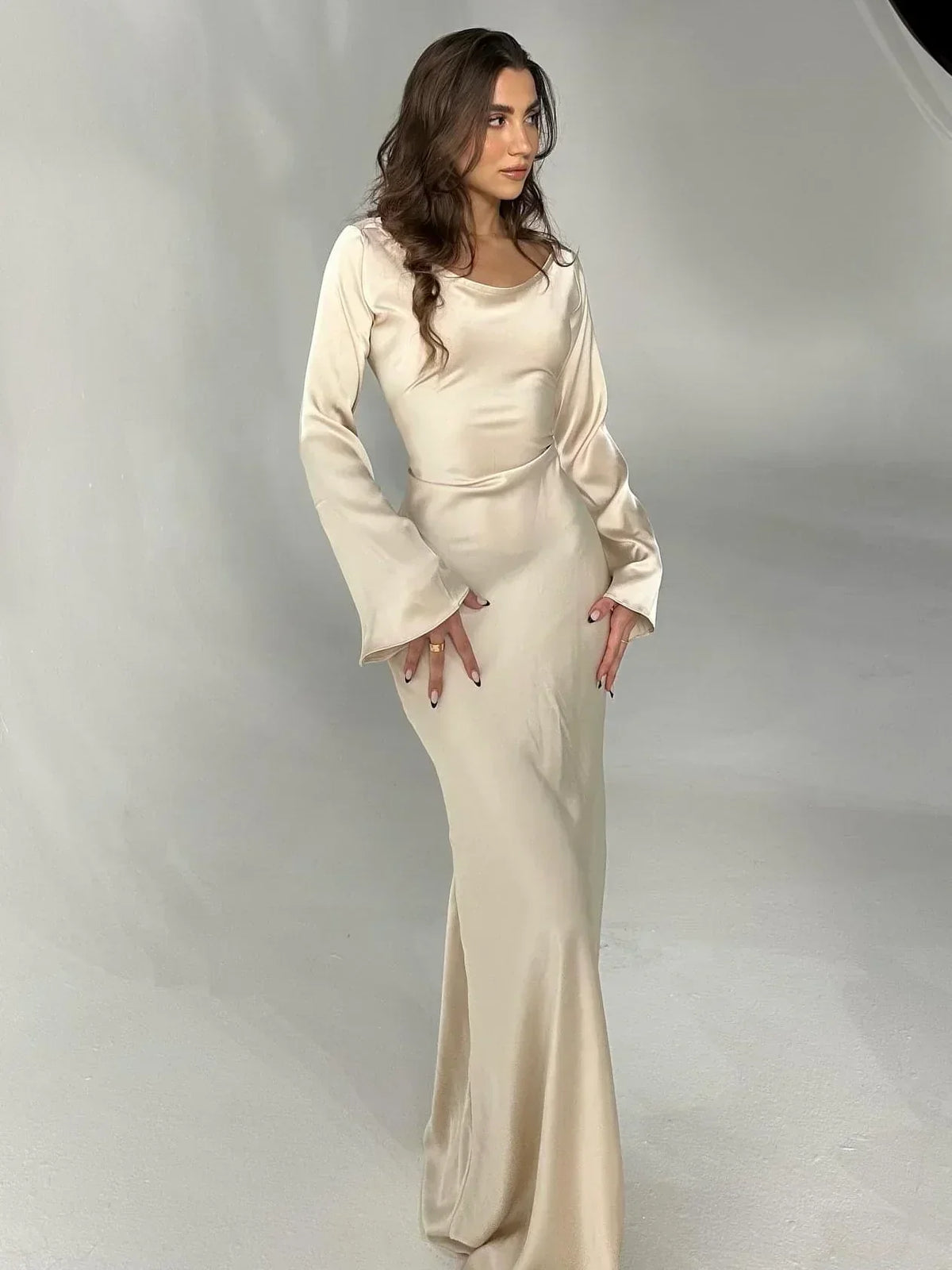 Luxury Women's Satin Maxi Gala Dress with Long Sleeves and V Neck