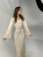 Luxury Women's Satin Maxi Gala Dress with Long Sleeves and V Neck