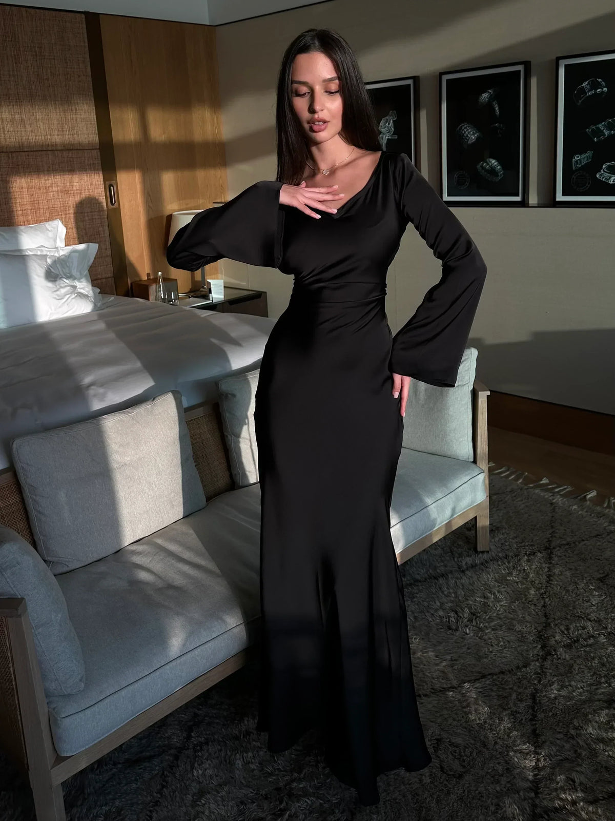 Luxury Women's Satin Maxi Gala Dress with Long Sleeves and V Neck