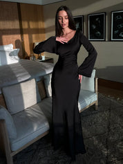 Luxury Women's Satin Maxi Gala Dress with Long Sleeves and V Neck