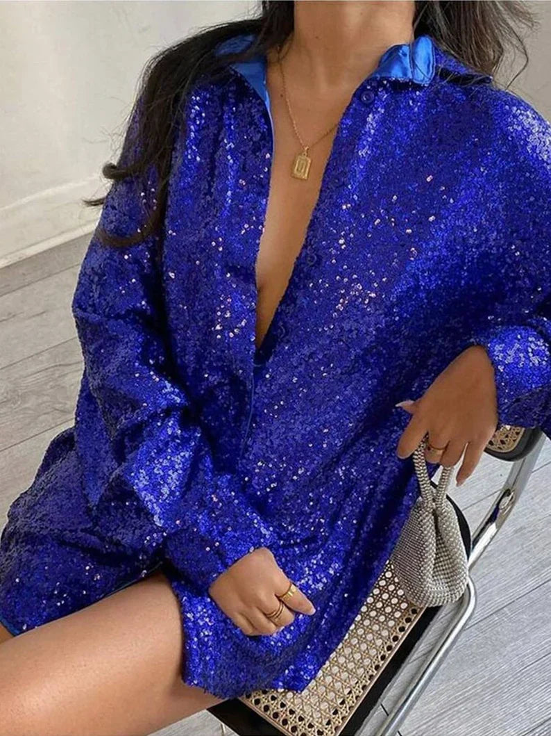 Women's Oversized Sequin Blouse with Long Sleeves