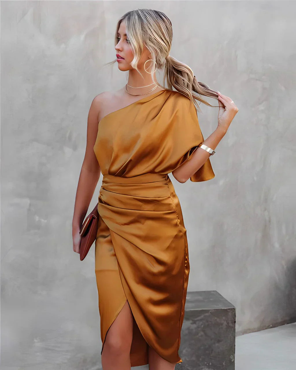 Anouk - Off-Shoulder Satin Midi Dress with Draping