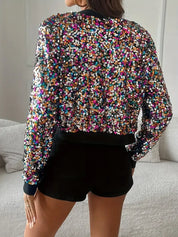 Women's Sequin Bomber Jacket Crop Top with Multicolor Zipper