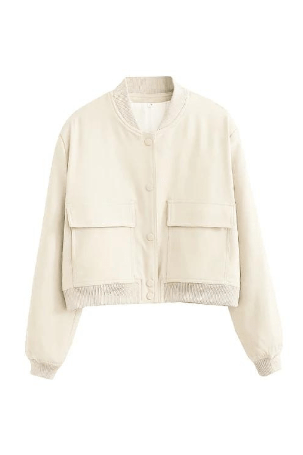 Women's Cropped Bomber Jacket with Button Closure, Flap Pockets, and Ribbed Cuffs