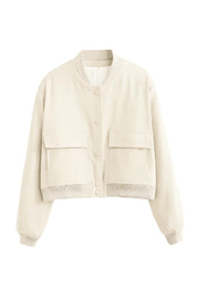 Women's Cropped Bomber Jacket with Button Closure, Flap Pockets, and Ribbed Cuffs
