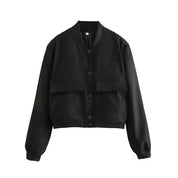 Women's Cropped Bomber Jacket with Button Closure, Flap Pockets, and Ribbed Cuffs