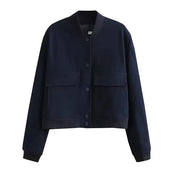 Women's Cropped Bomber Jacket with Button Closure, Flap Pockets, and Ribbed Cuffs