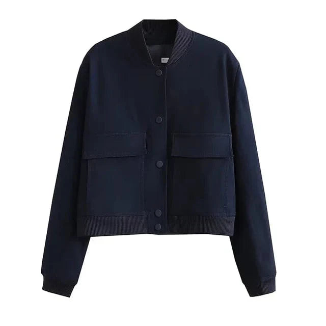 Women's Cropped Bomber Jacket with Button Closure, Flap Pockets, and Ribbed Cuffs