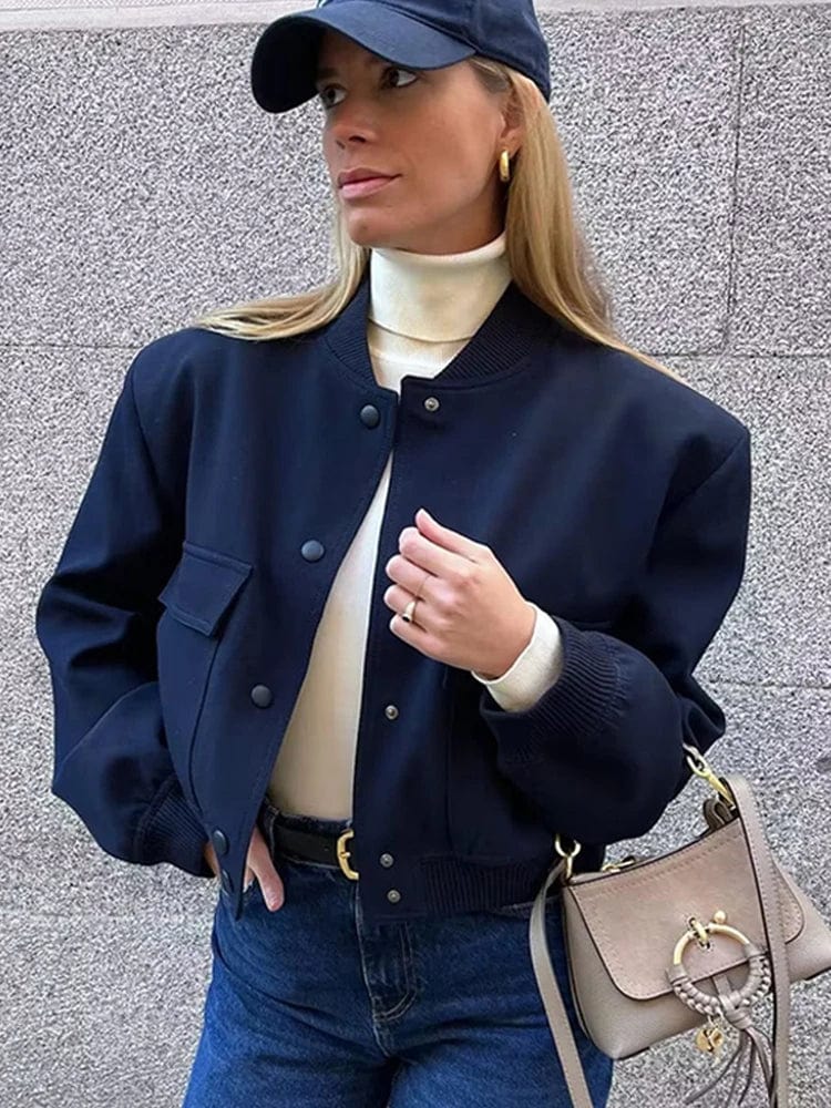 Women's Cropped Bomber Jacket with Button Closure, Flap Pockets, and Ribbed Cuffs
