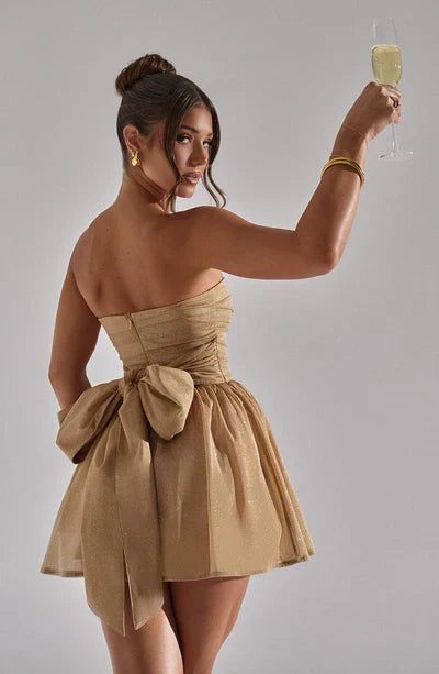Strapless Glitter Mini Dress with Large Bow Cocktail Party for Women