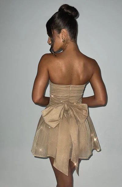 Strapless Glitter Mini Dress with Large Bow Cocktail Party for Women