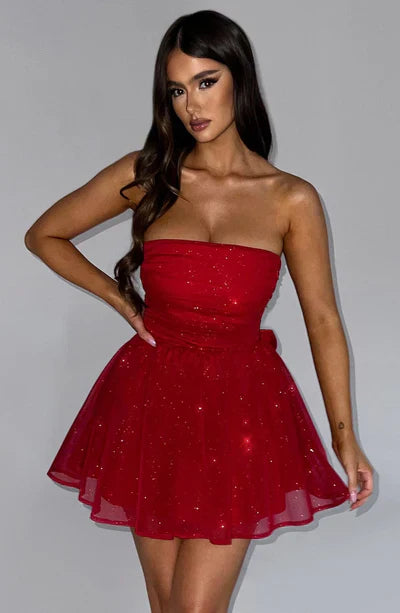 Strapless Glitter Mini Dress with Large Bow Cocktail Party for Women