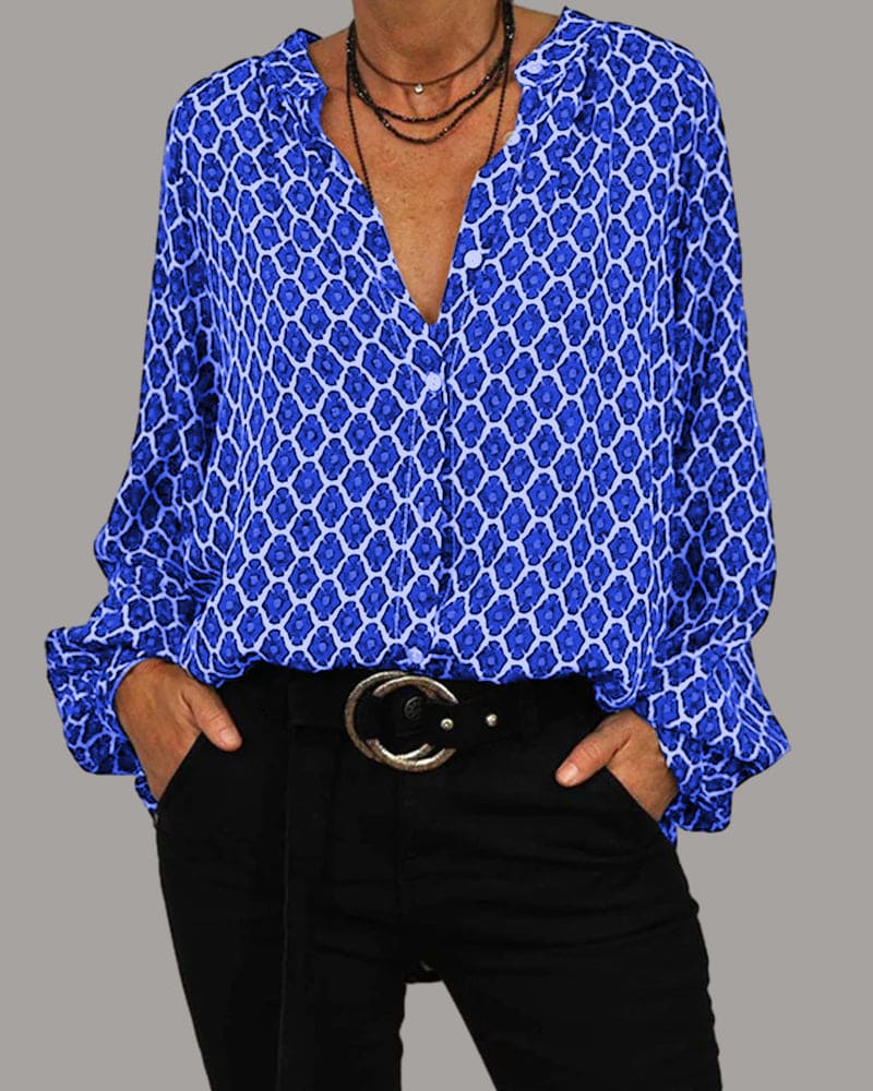 Boho Chic V-Neck Blouse for Women with Print and Long Sleeves
