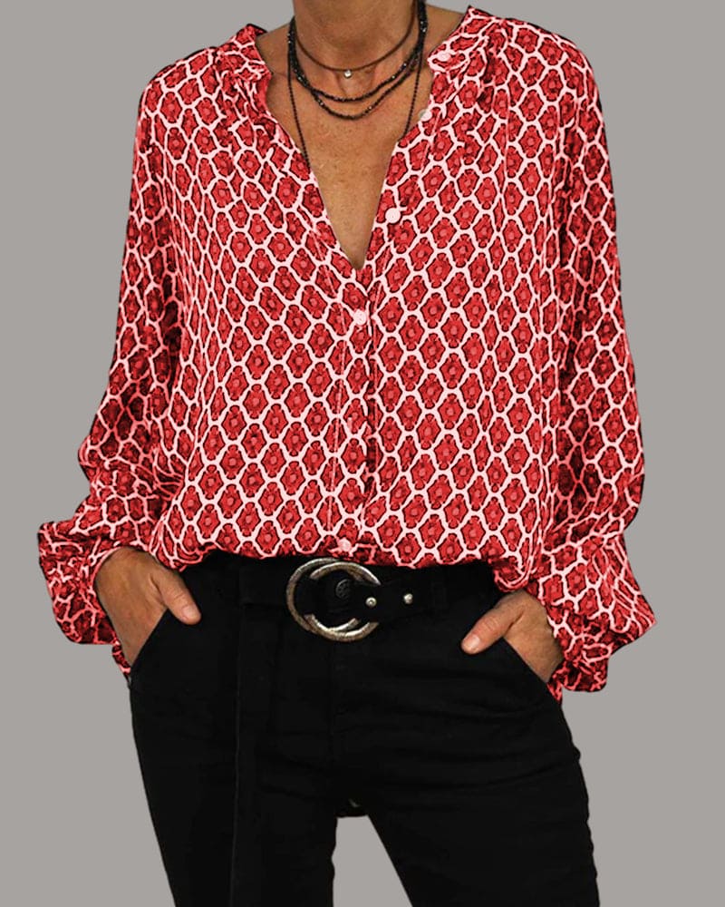 Boho Chic V-Neck Blouse for Women with Print and Long Sleeves