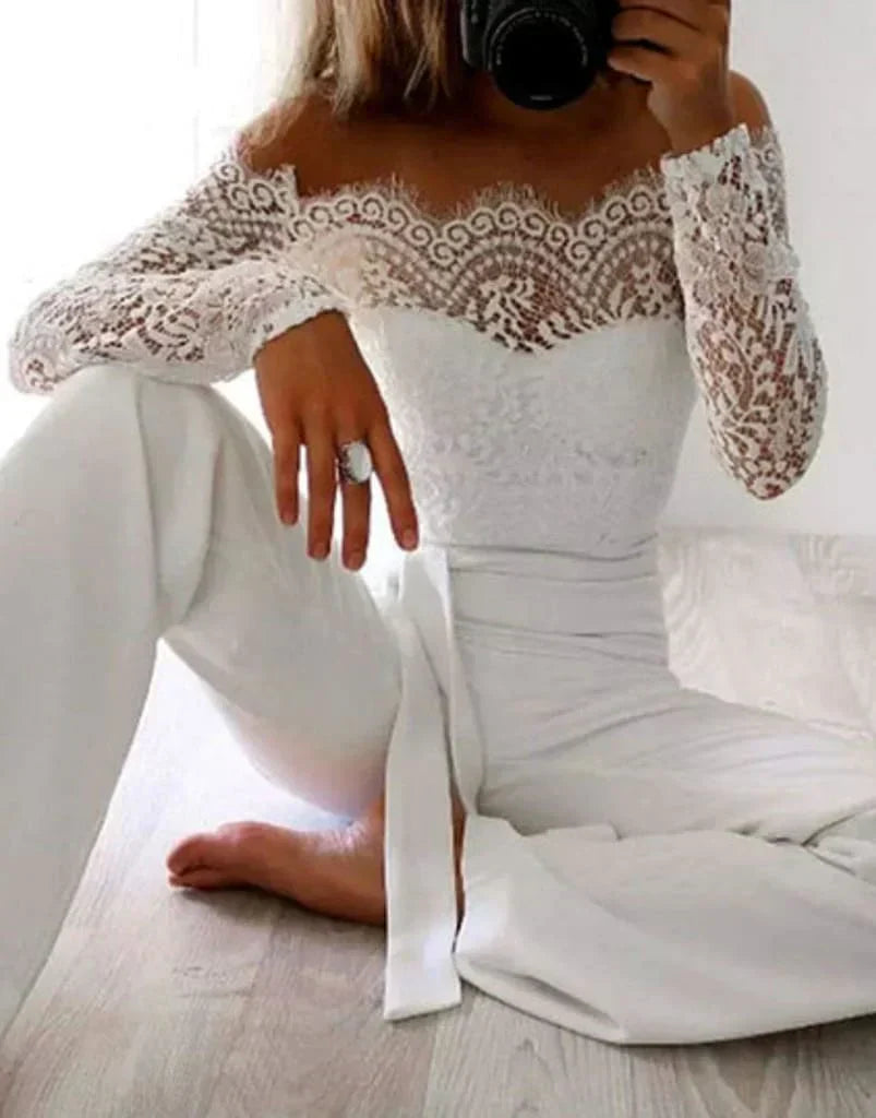 Lace Jumpsuit with Open Shoulders and Long Sleeves