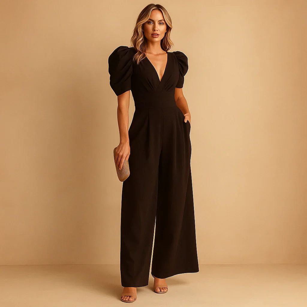 Luxury Women’s Jumpsuit with Puff Sleeves and Wide Legs
