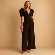 Luxury Women’s Jumpsuit with Puff Sleeves and Wide Legs