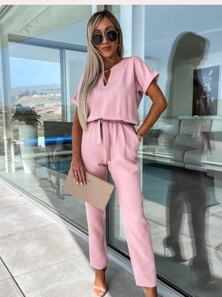 Elegant Jumpsuit Set for Women with Short Sleeves and Belt