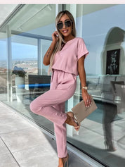 Elegant Jumpsuit Set for Women with Short Sleeves and Belt